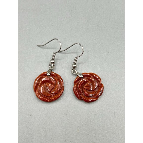 Carved Roses Goldstone Earrings Pierced Dangles Small Floral Flowers Earrings - Picture 3 of 4
